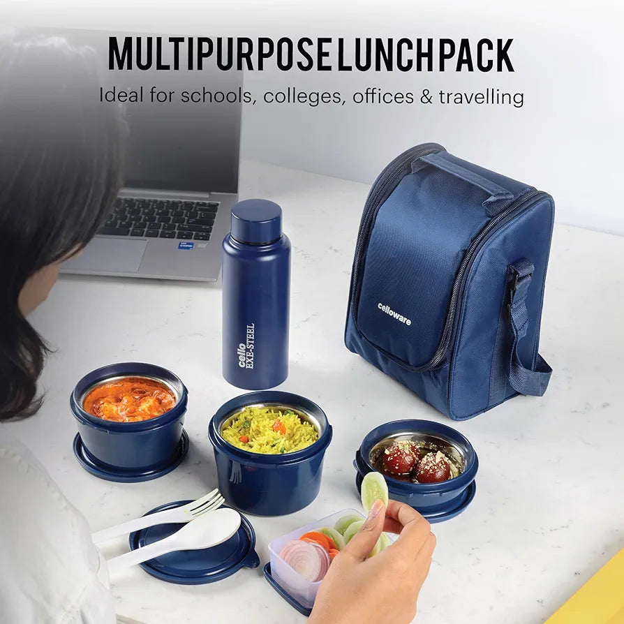 CELLO MF All in One Lunch Box Set of 5 with Bag, Blue | 3 Microwave Safe Inner Steel Containers , 1 Pickle Box and 1 Steel Bottle | Air Tight Leakproof Tiffin Box Set for Office